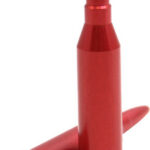 Two red rifle cartridges on a white background, one upright and the other lying on its side with a visible brass primer.