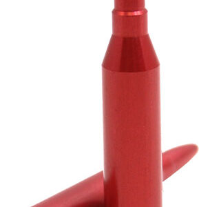 Two red rifle cartridges on a white background, one upright and the other lying on its side with a visible brass primer.