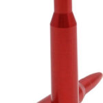 Two red ammunition cartridges, one upright and the other resting on its side, with a brass primer visible at the base.