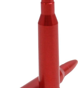 Two red ammunition cartridges, one upright and the other resting on its side, with a brass primer visible at the base.