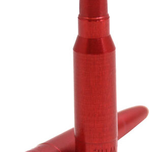 Two red rifle cartridges with brass primers, one standing upright and the other lying on its side on a white background.