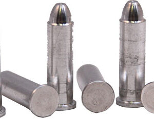 Five metallic ammunition cartridges on a white background, some standing upright and some lying down.