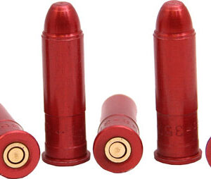 Five red shotgun shells arranged on a white background, with some standing upright and others lying down.