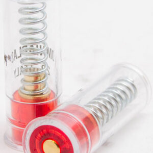 Two transparent plastic battery holders with coiled metal springs and red end caps, resting on a white surface.