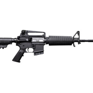 Side view of a black assault rifle with a collapsible stock and long barrel.