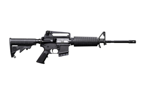 Side view of a black assault rifle with a collapsible stock and long barrel.