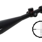 Black riflescope with adjustment knobs and a large objective lens, shown next to a crosshair reticle diagram.