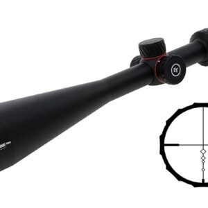 Black riflescope with adjustment knobs and a large objective lens, shown next to a crosshair reticle diagram.