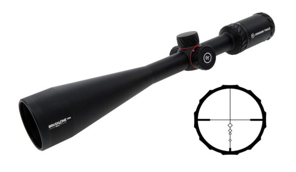 Black riflescope with adjustment knobs and a large objective lens, shown next to a crosshair reticle diagram.