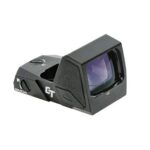 Compact black reflex red dot sight with tinted lens for rifles or pistols, angled housing on a small mounting base.