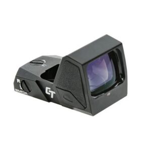 Compact black reflex red dot sight with tinted lens for rifles or pistols, angled housing on a small mounting base.