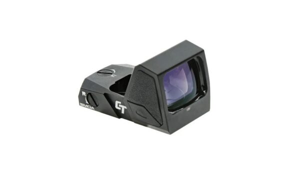Compact black reflex red dot sight with tinted lens for rifles or pistols, angled housing on a small mounting base.