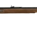 Side view of a long rifle with a wooden stock and brass fittings, showing a long metal barrel.