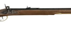 Side view of a long rifle with a wooden stock and brass fittings, showing a long metal barrel.