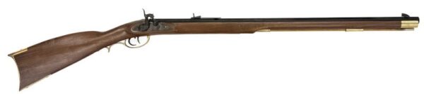 Side view of a long rifle with a wooden stock and brass fittings, showing a long metal barrel.
