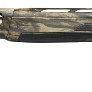 Camouflage-pattern hunting rifle with a long barrel and black pistol-grip stock, shown in profile from the left.
