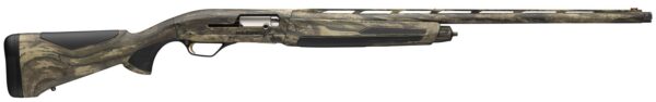 Camouflage-pattern hunting rifle with a long barrel and black pistol-grip stock, shown in profile from the left.