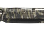 Camouflage-pattern bolt-action hunting rifle with a synthetic stock and black recoil pad, shown in profile (left side).