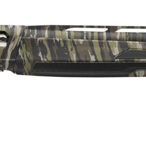 Camouflage-pattern bolt-action hunting rifle with a synthetic stock and black recoil pad, shown in profile (left side).