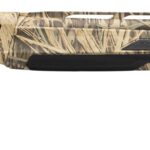 Camouflage-patterned hunting rifle with a long barrel and black pistol-grip stock laid horizontally