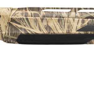 Camouflage-patterned hunting rifle with a long barrel and black pistol-grip stock laid horizontally