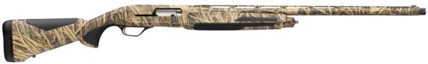Camouflage-patterned hunting rifle with a long barrel and black pistol-grip stock laid horizontally