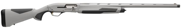 Grey modern bolt-action rifle with a long matte barrel, gray synthetic stock, and ergonomic grip; 'MAXUS' marked on the receiver.