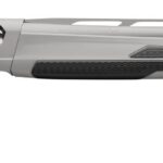 Semi-automatic shotgun with a silver-gray synthetic stock, long barrel, and vented fore-end.
