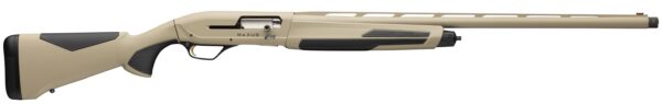 Tan semi-automatic shotgun with black textured grip, long barrel, and ribbed forend (Maxus branding visible).
