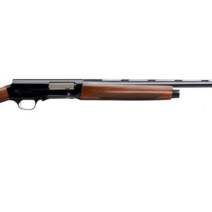 Side view of a long-barreled shotgun with a wooden stock and lever-action receiver