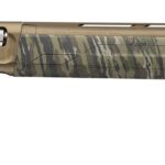 Bolt‑action sniper rifle with tan and woodland camouflage finish, shown from the side with a long brown barrel and stock