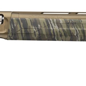 Bolt‑action sniper rifle with tan and woodland camouflage finish, shown from the side with a long brown barrel and stock
