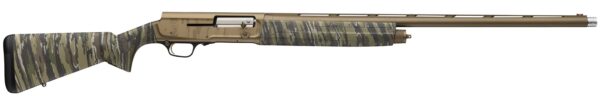 Camouflage-pattern hunting rifle with tan receiver and long brown barrel laid horizontally against a white background.