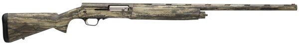 Camouflage-pattern hunting rifle with a long rifled barrel and synthetic stock photographed from the side