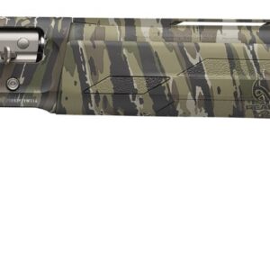 Camouflage-pattern bolt-action rifle with long barrel and black buttstock laid horizontally on white background.