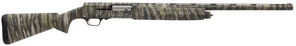 Camouflage-pattern bolt-action rifle with long barrel and black buttstock laid horizontally on white background.