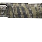 Camouflage-pattern hunting rifle with a long barrel and black buttstock laid horizontally on a white background.