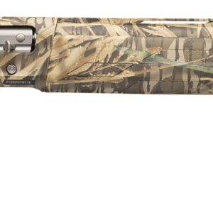 Camouflage-pattern Browning Auto-5 semi-automatic shotgun in profile with a long barrel for hunting.