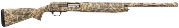 Camouflage-pattern Browning Auto-5 semi-automatic shotgun in profile with a long barrel for hunting.