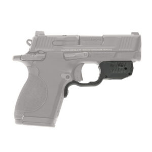 Side view of a semi-automatic pistol with a rail-mounted flashlight attached under the barrel and textured grip.