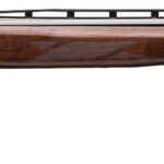Over-under shotgun with a polished wooden stock and twin metal barrels shown in profile