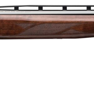 Over-under shotgun with a polished wooden stock and twin metal barrels shown in profile