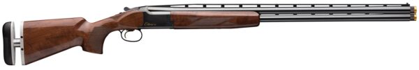 Over-under shotgun with a polished wooden stock and twin metal barrels shown in profile