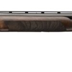 Over-under double-barrel shotgun with a polished dark wood stock and twin steel barrels stretching to the right, stock on the left.