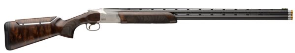 Over-under double-barrel shotgun with a polished dark wood stock and twin steel barrels stretching to the right, stock on the left.