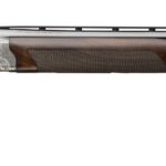 Side view of a double-barrel shotgun with a carved silver receiver and dark wooden stock.
