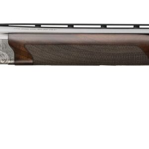 Side view of a double-barrel shotgun with a carved silver receiver and dark wooden stock.