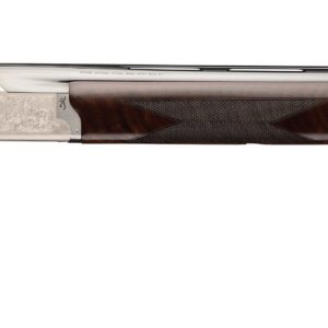 Over-under double-barrel shotgun with a polished wooden stock and engraved silver receiver on a white background