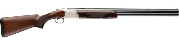 Over-under double-barrel shotgun with a polished wooden stock and engraved silver receiver on a white background