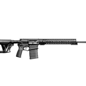 Black modern semi-automatic rifle with collapsible stock, pistol grip, and long railed handguard on a white background.